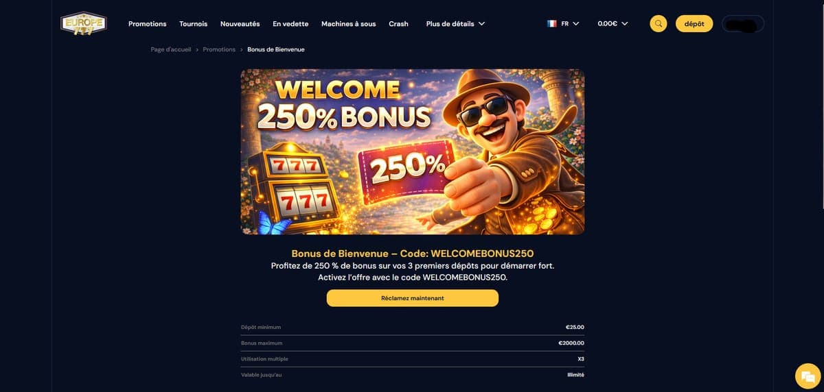 Bonus bienvenue Europe777 Casino