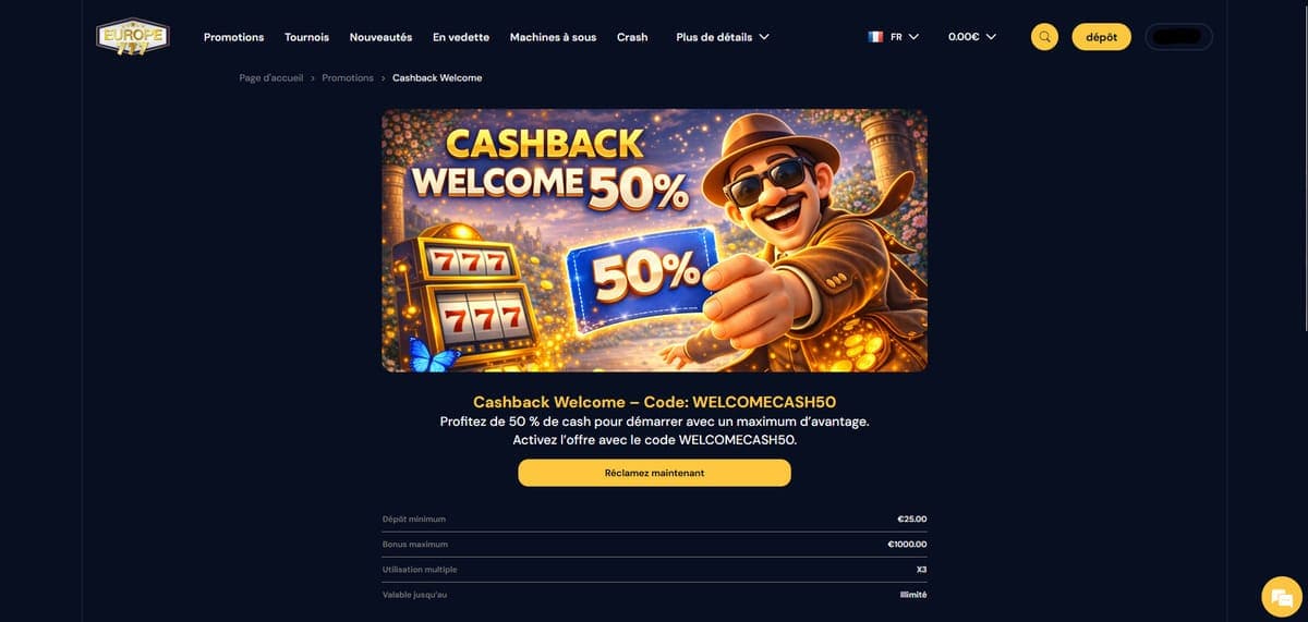 Cashback Welcome Europe777 Casino