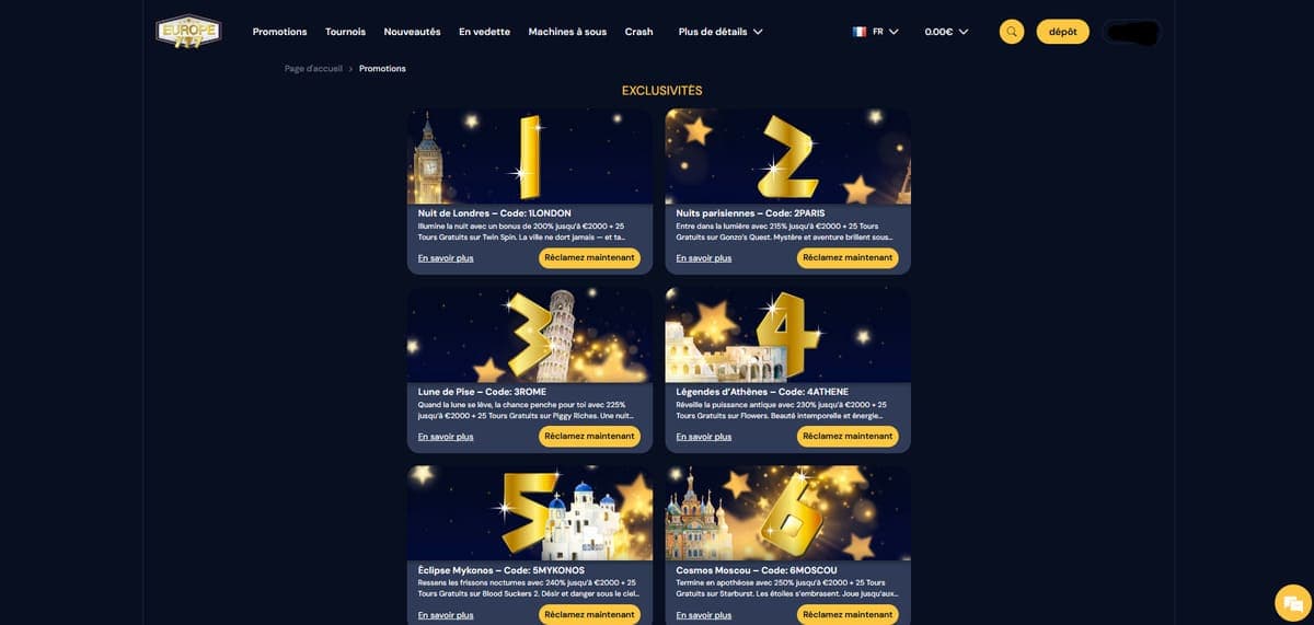 Exclusivités Europe777 Casino