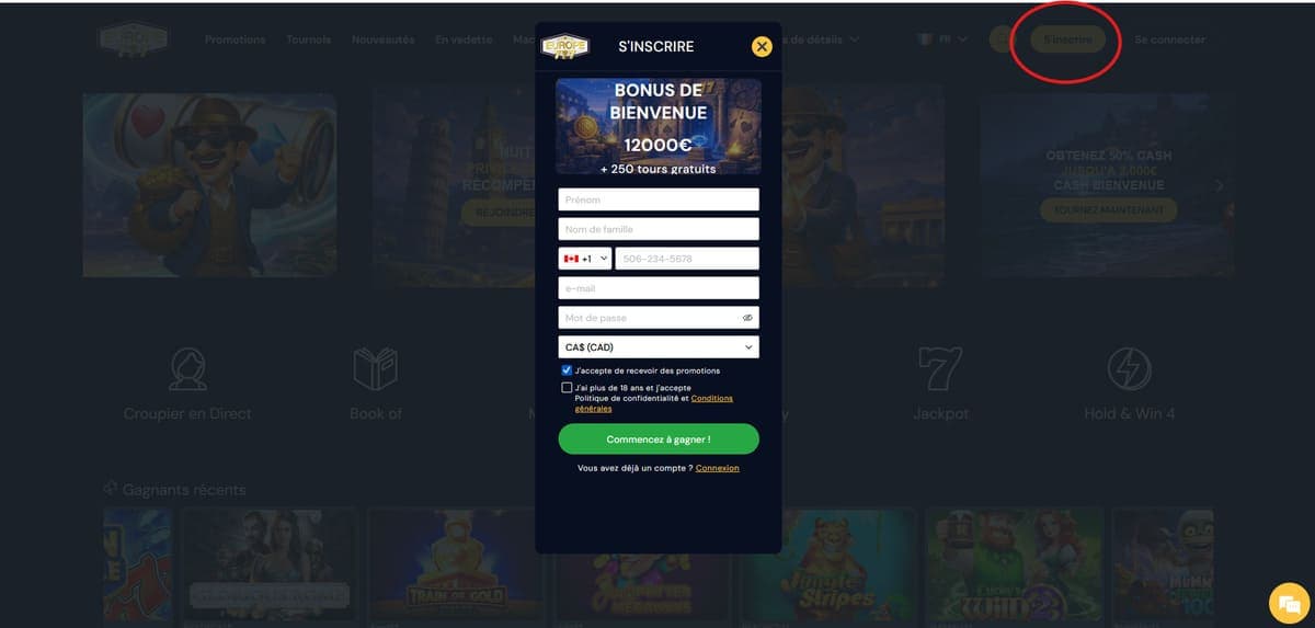 Inscription Europe777 Casino