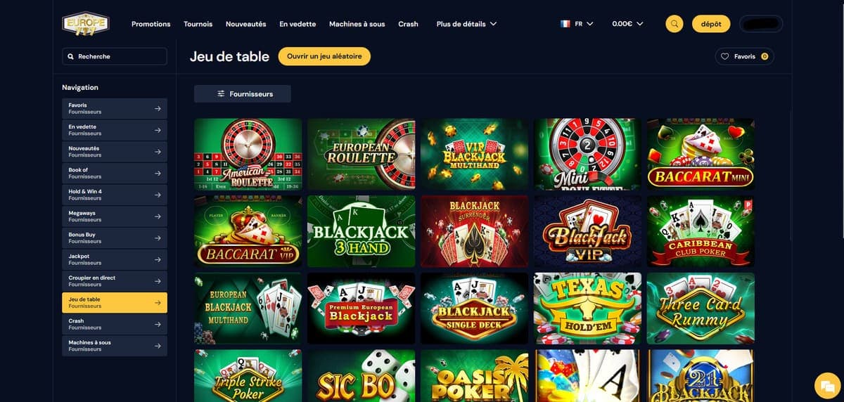 Jeux de table Europe777 Casino