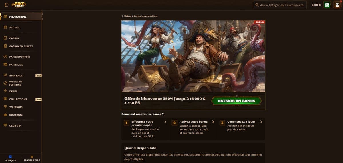 Bonus bienvenue FatPirate Casino