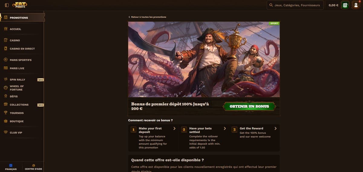 Bonus premier dépôt FatPirate Casino