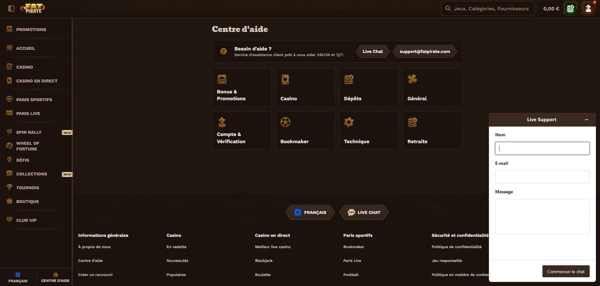 Service client FatPirate Casino