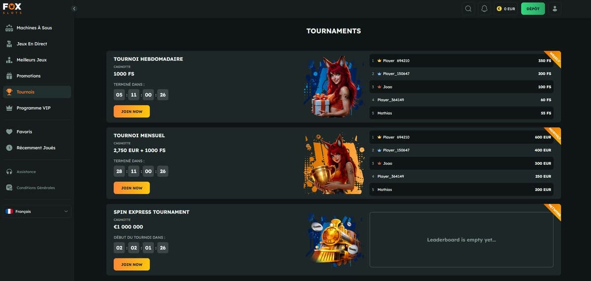 Tournois FoxSlots Casino