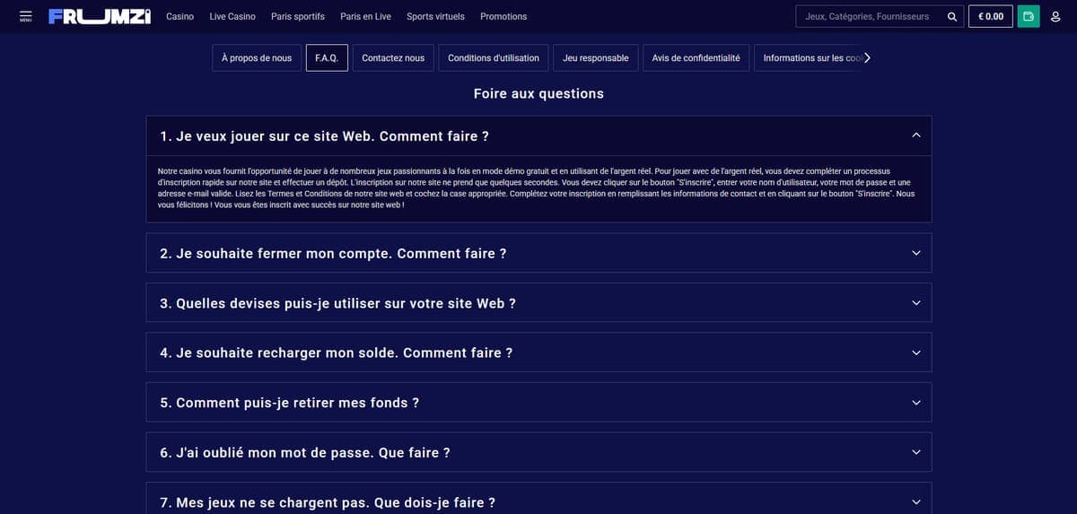 FAQ Frumzi Casino
