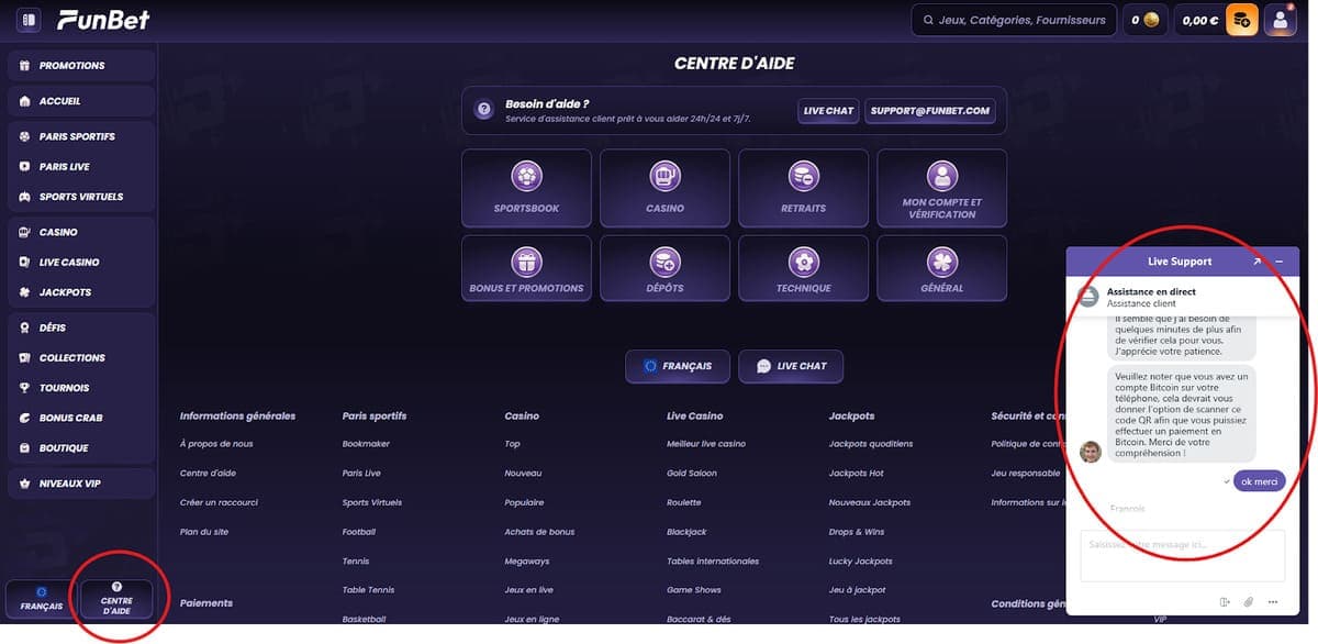 Service client Funbet Casino