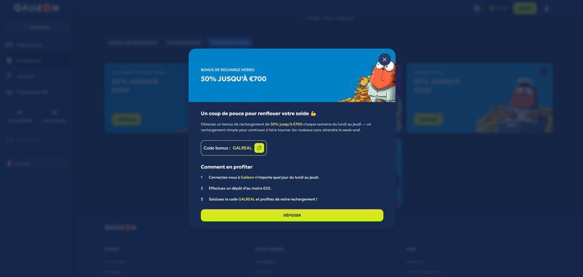 Bonus recharge hebdo Galleon Casino