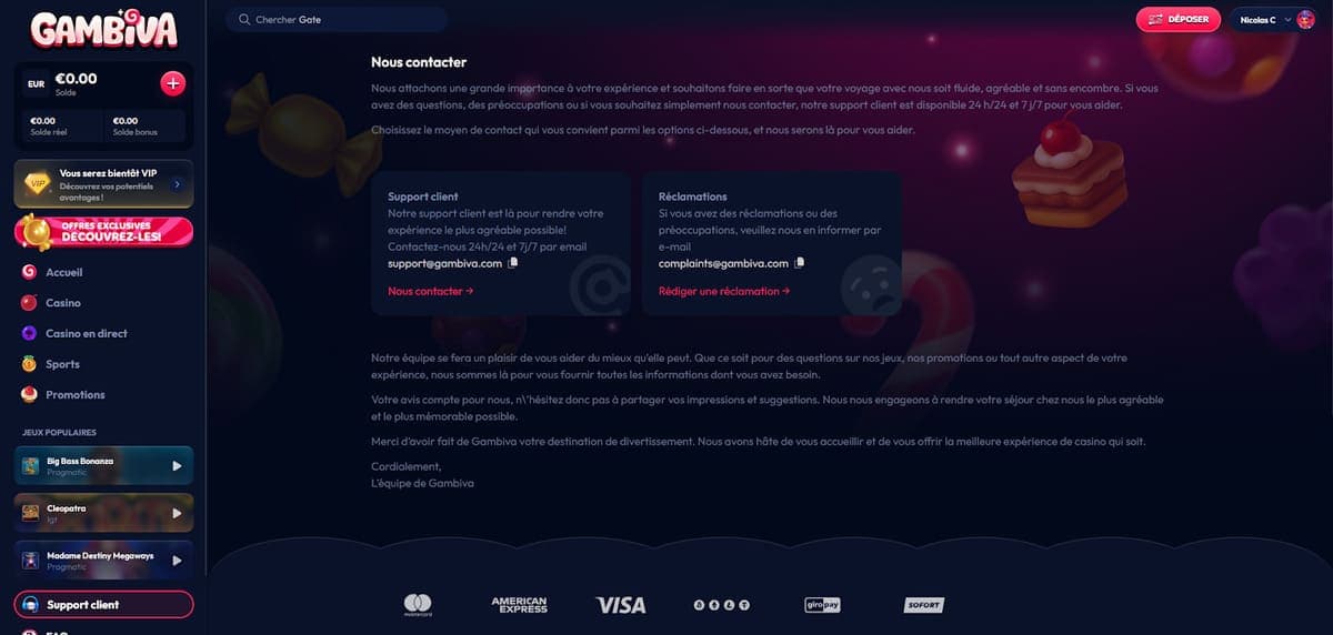 Service client Gambiva Casino