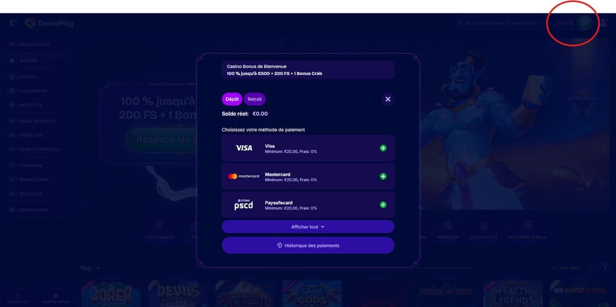 Dépôt Genieplay Casino
