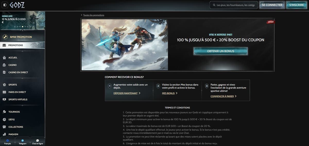 Cadeau de bienvenue sport Godz Casino