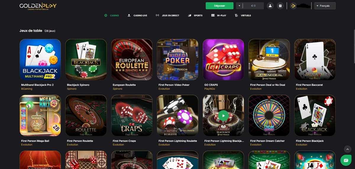 Jeux de table GoldenPlay Casino