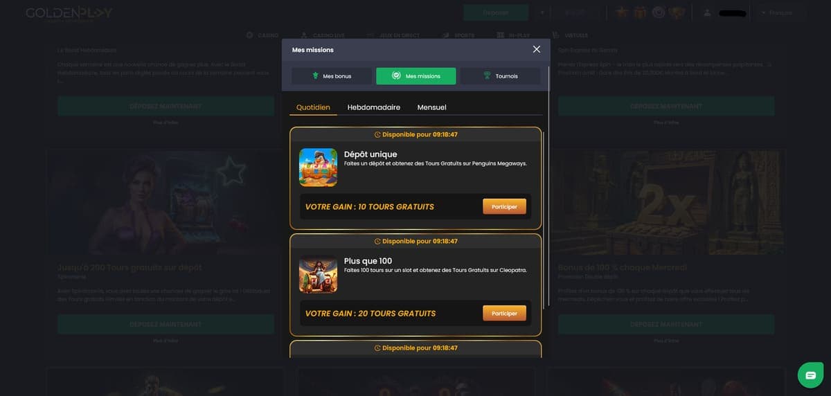 Missions GoldenPlay Casino