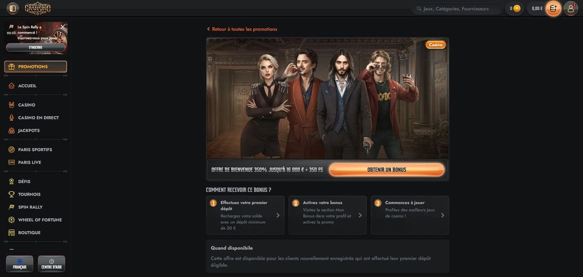 Bonus bienvenue Gransino Casino