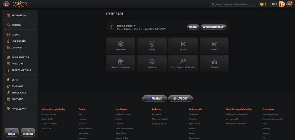 Centre d'aide Gransino Casino
