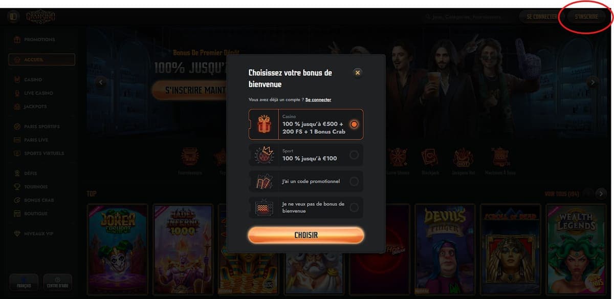 Inscription Gransino Casino