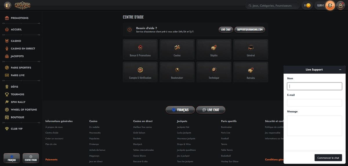 Service client Gransino Casino