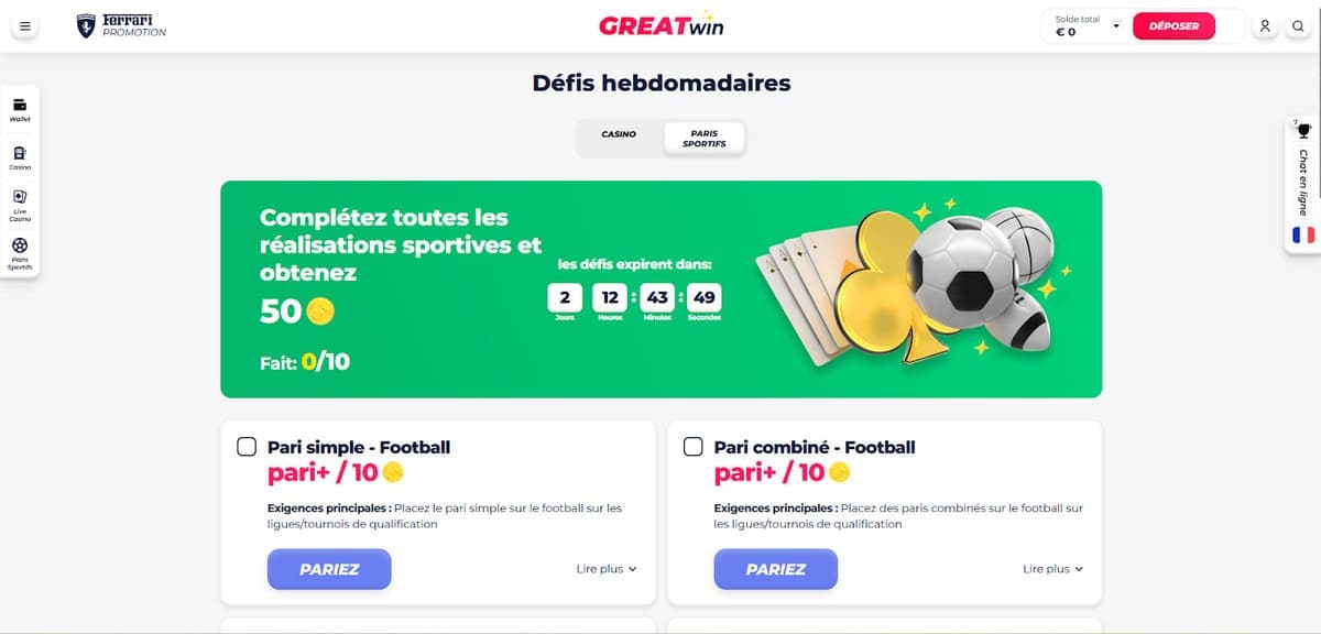 Défis sportifs GreatWin Casino