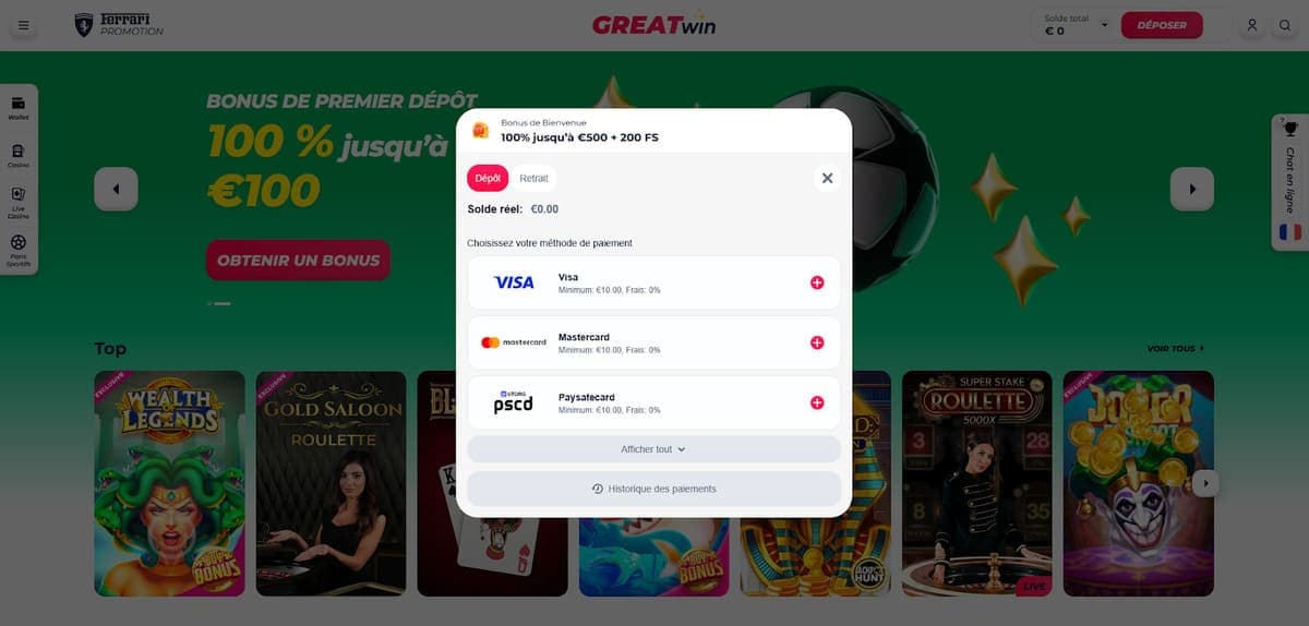 Dépôt GreatWin Casino