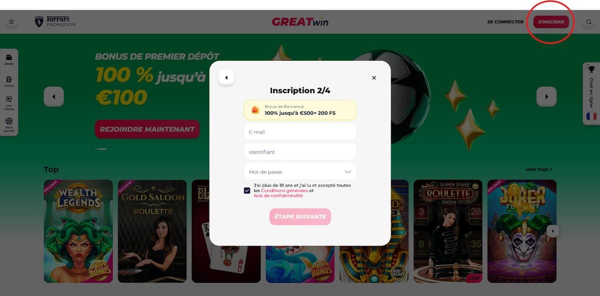 Inscription GreatWin Casino