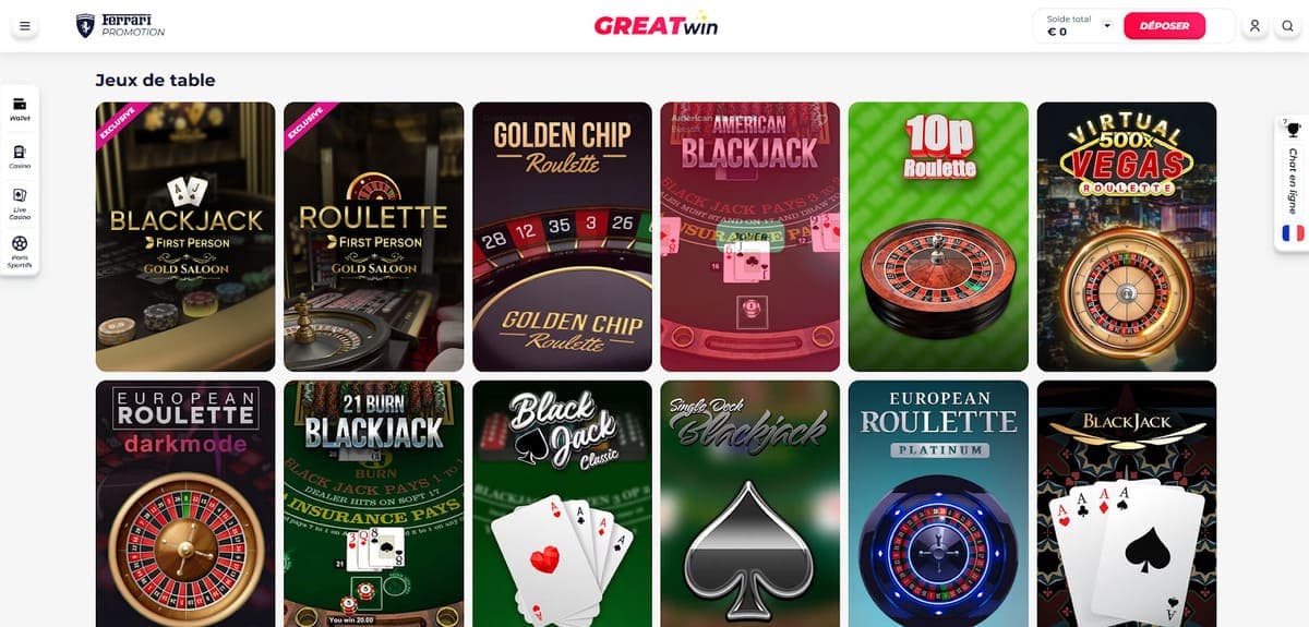 Jeux de table GreatWin Casino