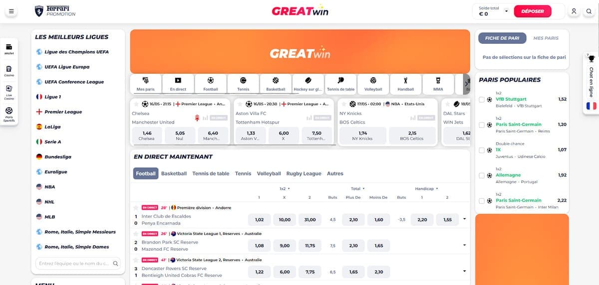 Paris sportifs GreatWin Casino
