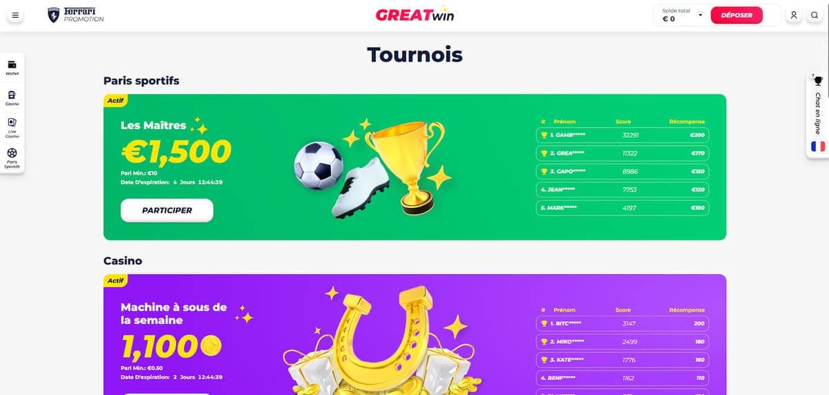 Tournois GreatWin Casino