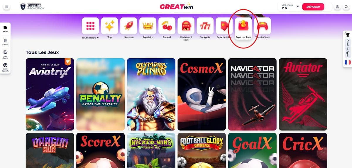 Tous les jeux GreatWin Casino