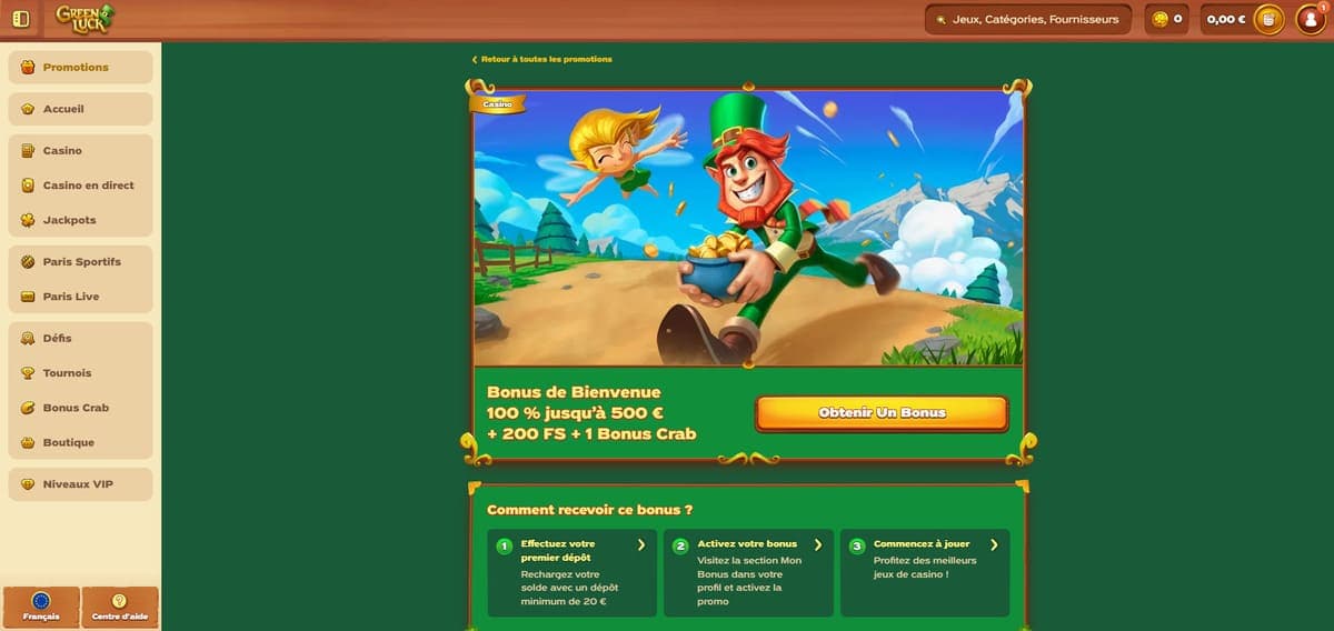 Bonus bienvenue GreenLuck Casino