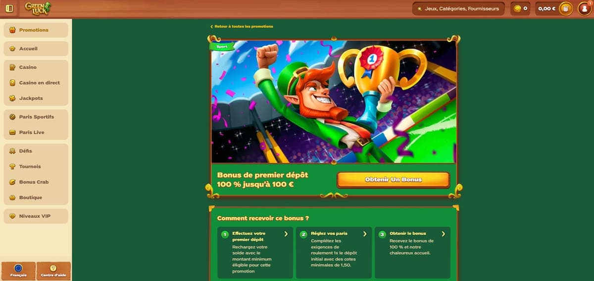 Bonus premier dépôt GreenLuck Casino