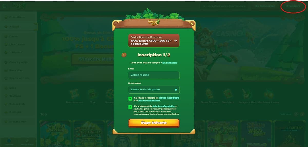 Inscription GreenLuck Casino