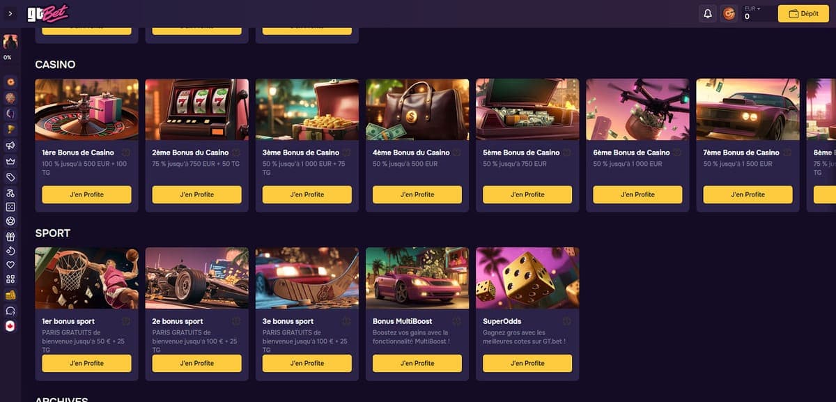 Bonus bienvenue GTBet Casino