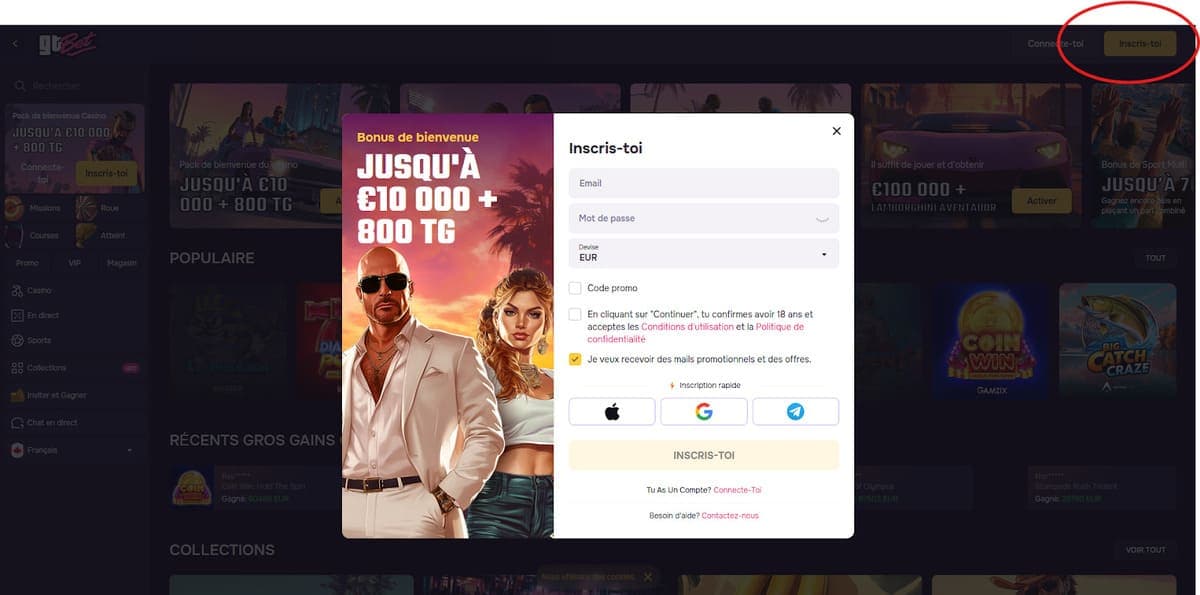 Inscription GTBet Casino