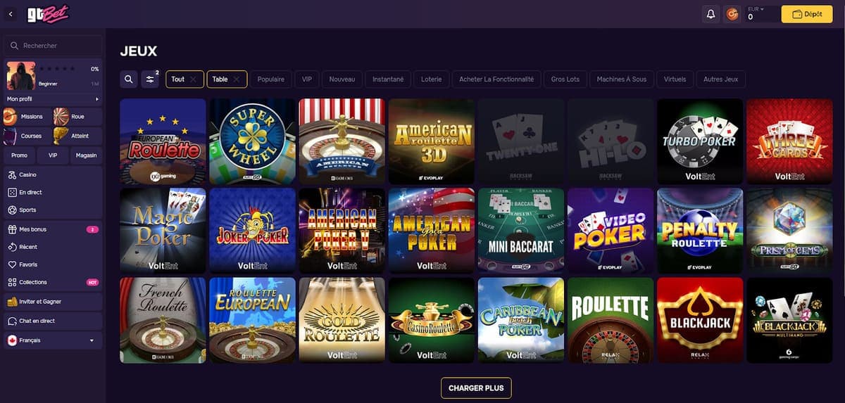 Jeux de table GTBet Casino