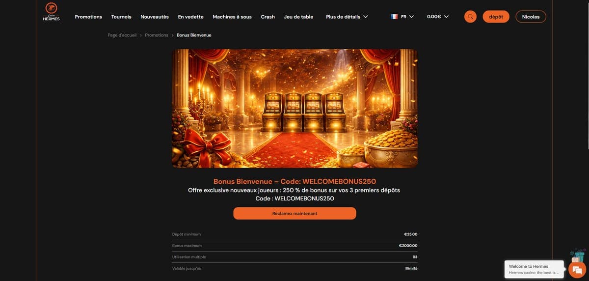 Bonus bienvenue Hermès Casino