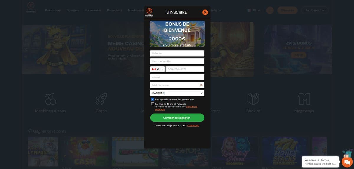 Inscription Hermès Casino