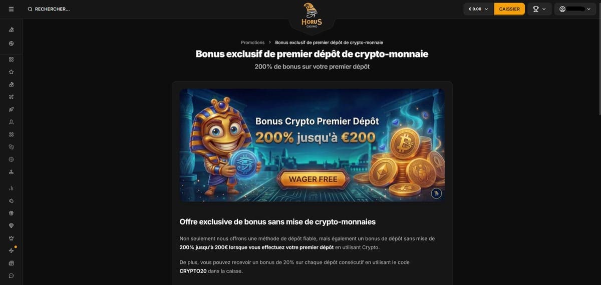 Bonus crypto sans condition Horus Casino