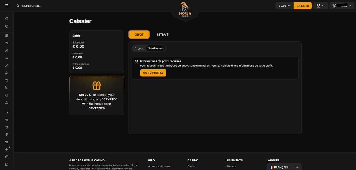 Dépôt profil Horus Casino