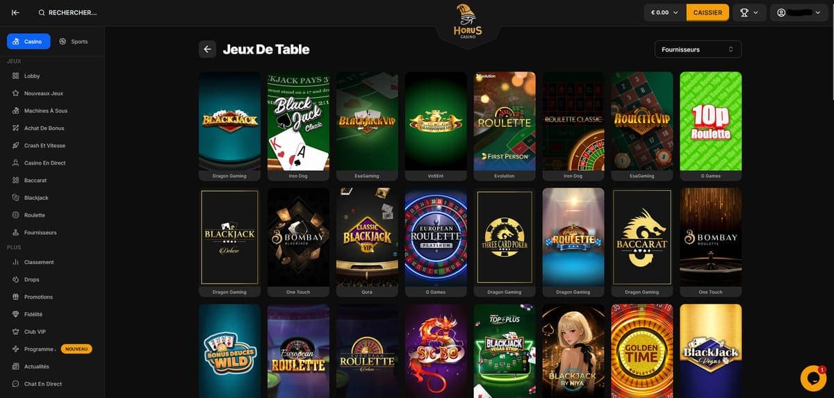 Jeux de table Horus Casino