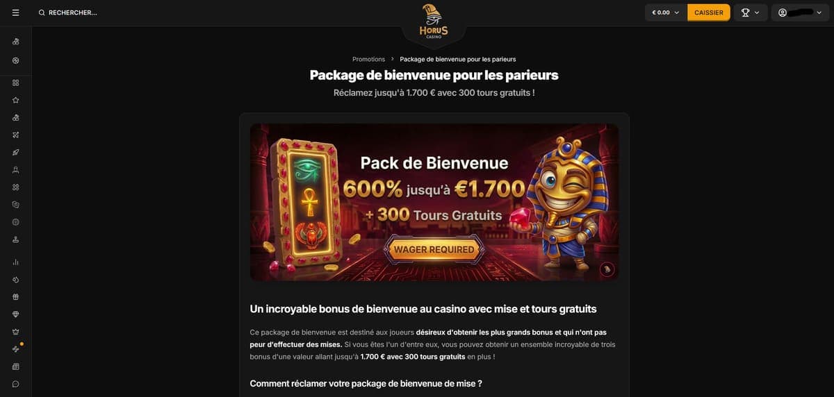 Pack bienvenue wager Horus Casino