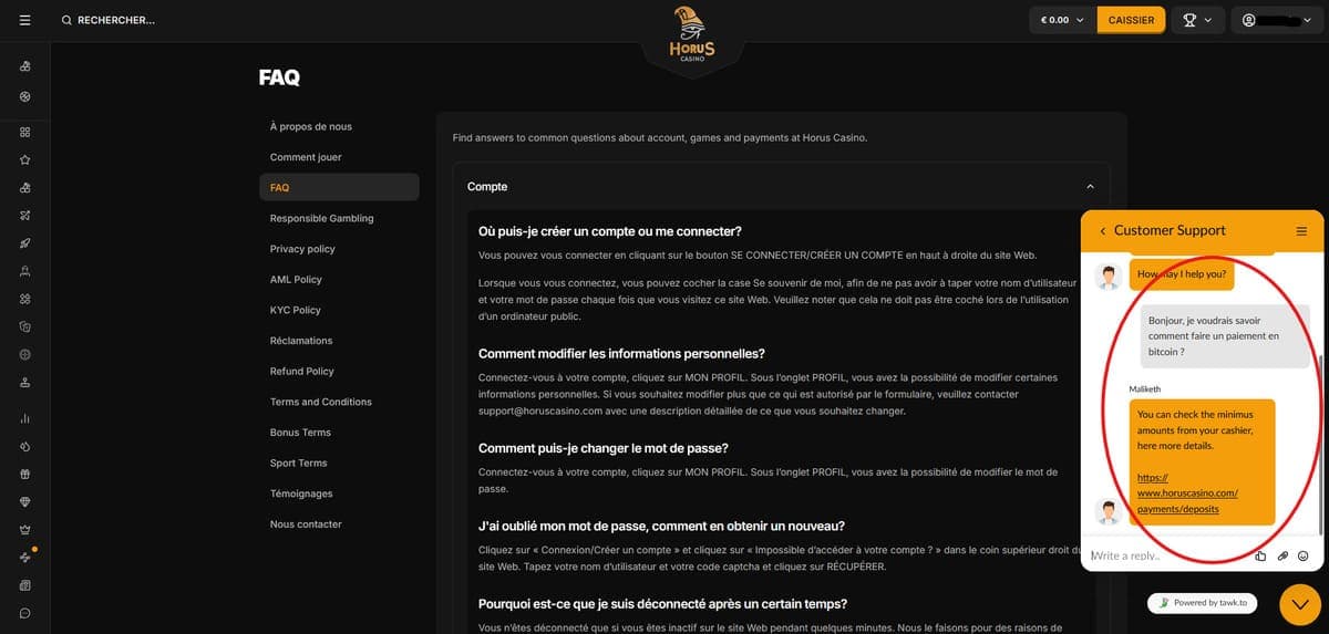 Support client Horus Casino
