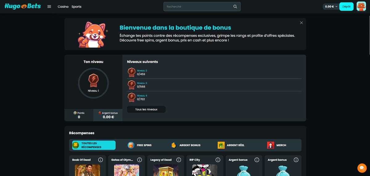 Interface de Hugobets casino montrant les jeux et promotions