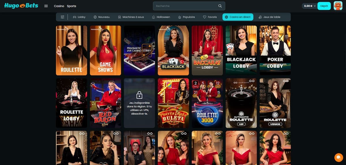 Interface du casino en direct Hugo Bets montrant un croupier et une table de jeu