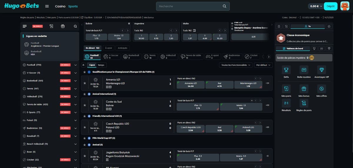 Interface HugoBets montrant les paris sportifs