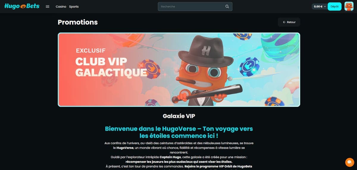 Interface du programme VIP et des bonus sur HugoBets