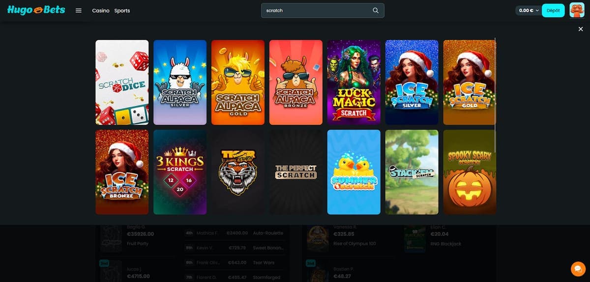 Interface du jeu scratch et machines à sous sur Hugobets