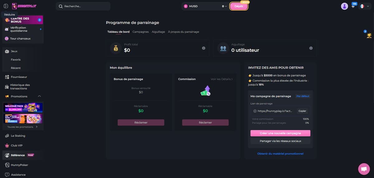 Programme parrainage HunnyPlay Casino