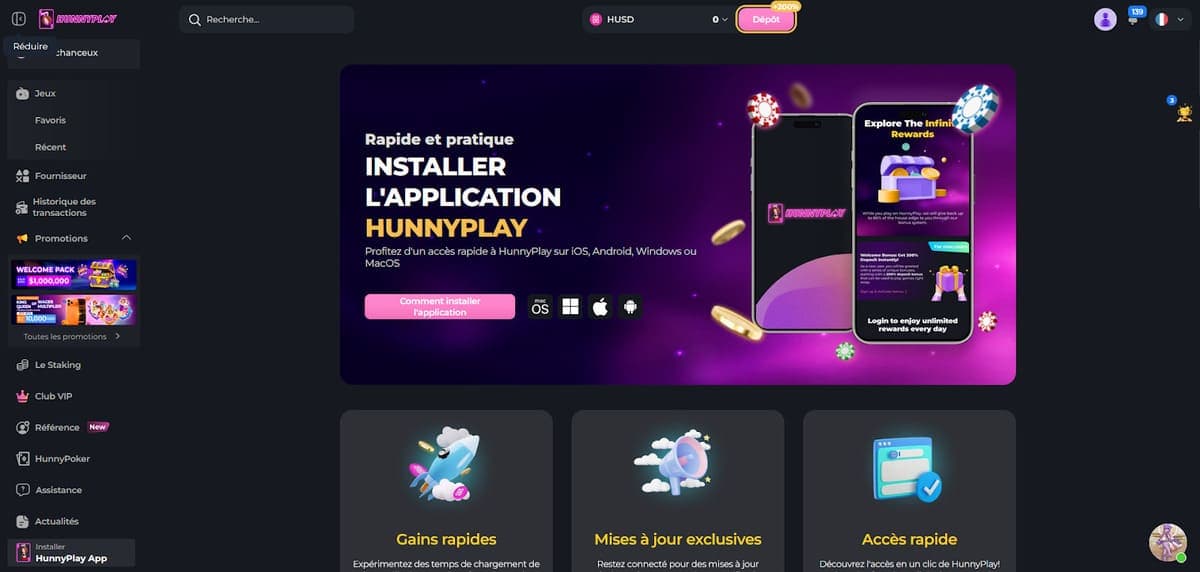 Version mobile HunnyPlay Casino