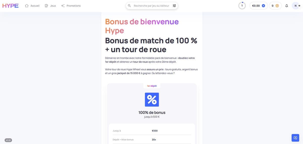 Bonus de bienvenue Hype Kasino Casino