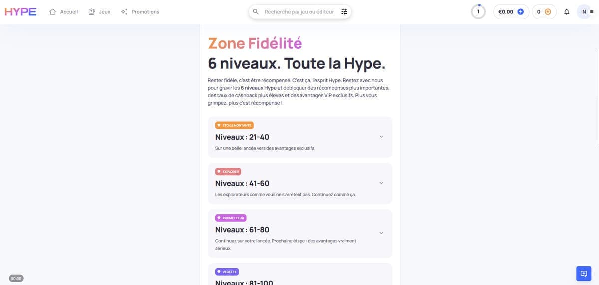 Zone fidélité Hype Kasino Casino